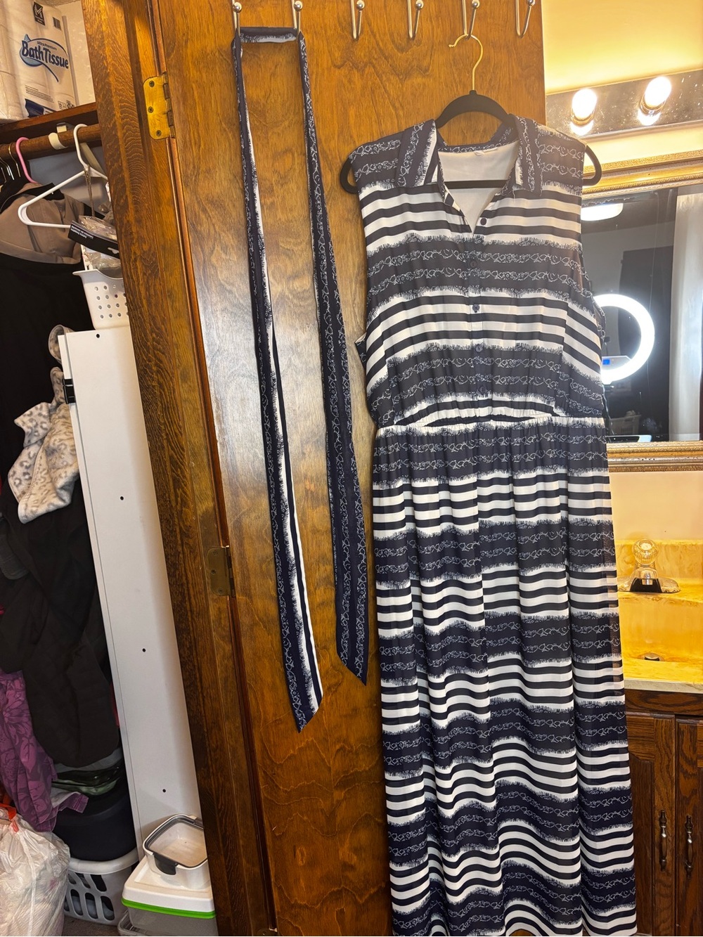 Sleeveless Navy and White Striped Maxi Dress